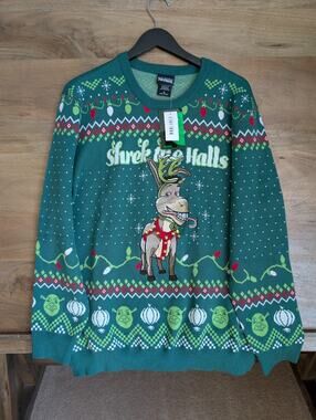 Dreamworks Shrek The Halls Donkey Holiday Sweater Mens XL Green Long Sleeve NWT